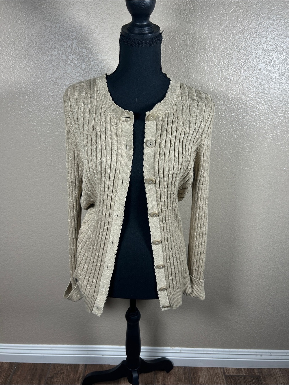 Laura Scott Ribbed Knit Shimmer Button Front Cardigan Sweater Large Petite LP